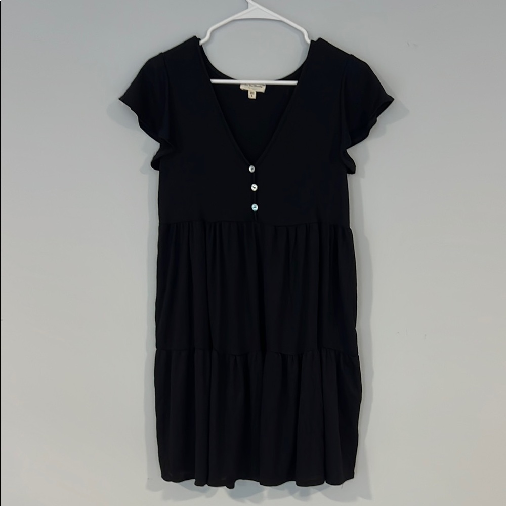 See You Monday Black Ribbed Mini Dress with Button Detail